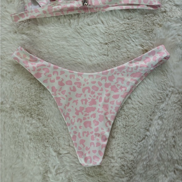 ZAFUL - Pink and White Leopard Print Ribbed Bikini Set - Picture 7 of 8